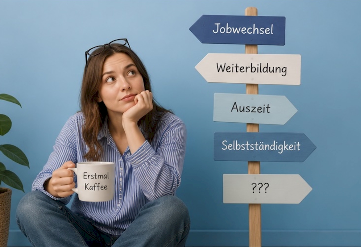 Frau sitzt neben Wegweisern